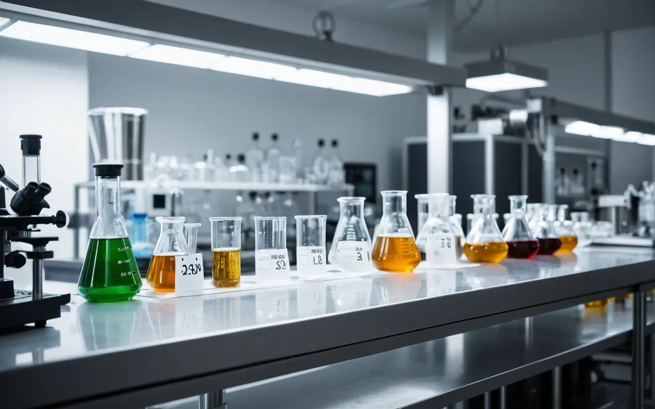 laboratory extraction A modern laboratory bench with glass beakers filled with amber liquid and scientific instruments under bright white lighting.