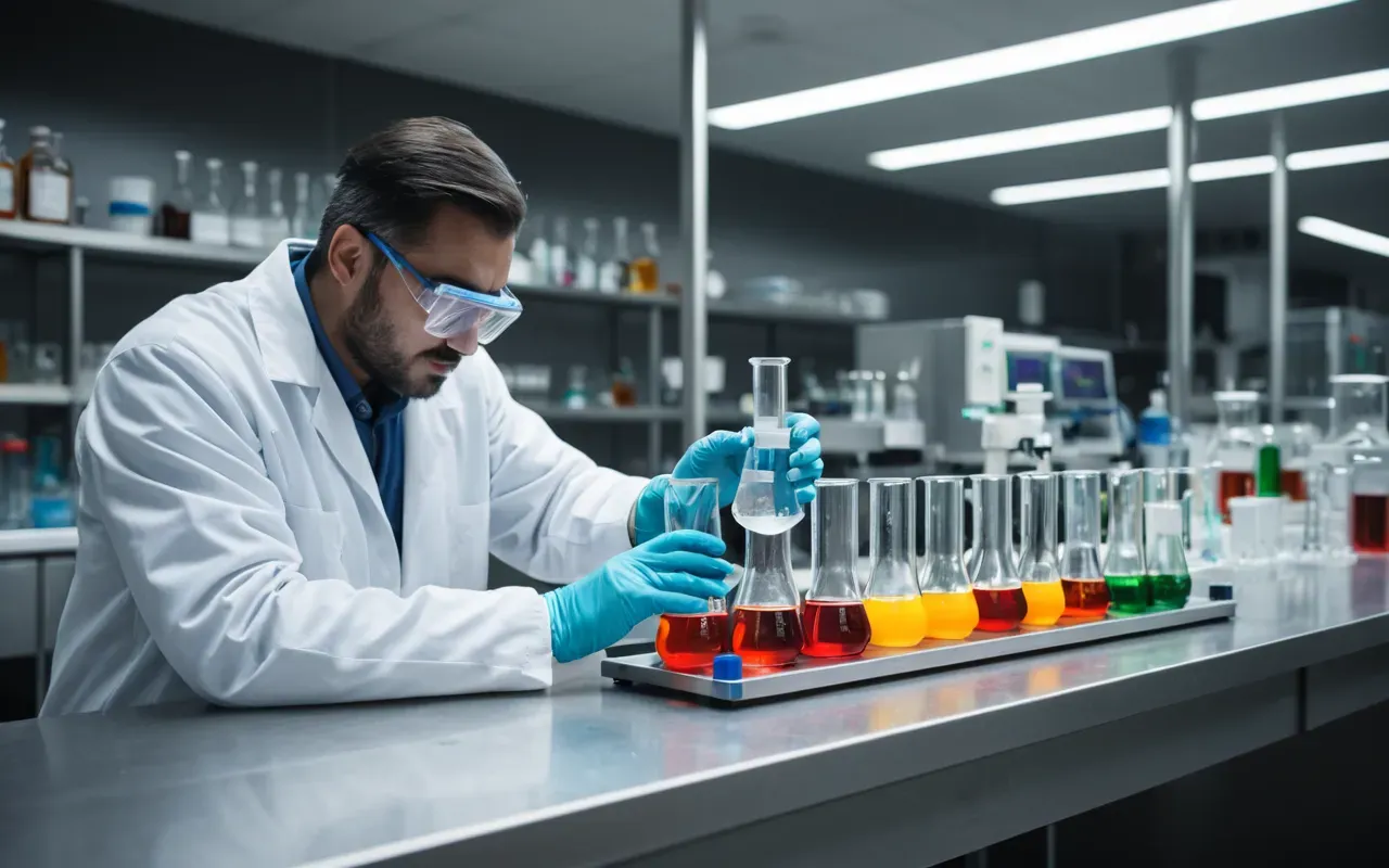 laboratory research setting A modern laboratory bench with glassware containing colorful liquid solutions and a scientist in protective gear examining test tubes under bright artificial lighting.