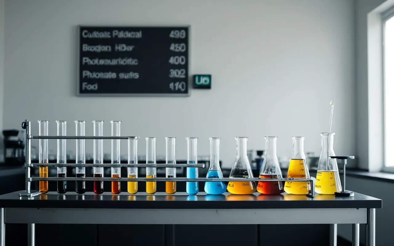 rebuilding scientific infrastructure A modern laboratory bench with various glass beakers and test tubes arranged neatly. The background shows a bright clean wall with soft shadows indicating morning light entering from the side creating a calm productive atmosphere.
