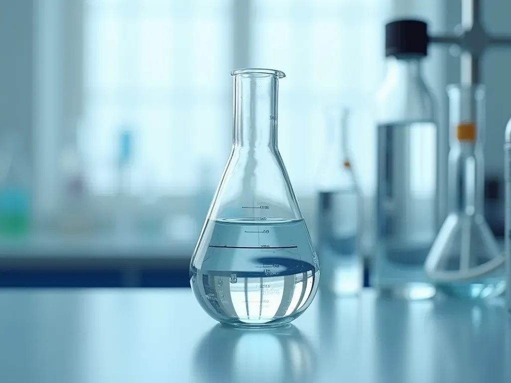 laboratory chemical synthesis equipment A modern laboratory glassware setup showing a single large flask connected to a small pump with clear liquid flowing inside under bright white lighting on a clean stainless steel table.