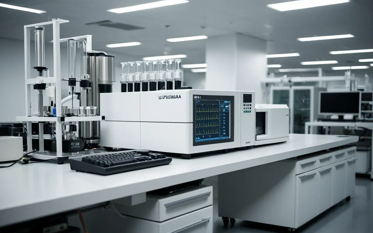 analytical chemistry A modern laboratory scene showing a large white high-resolution mass spectrometer with a complex array of tubes and wires connected to a smaller liquid chromatography pump unit on a clean stainless steel workbench under soft blue ambient lighting.