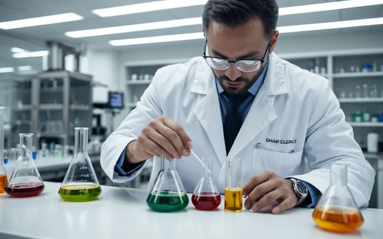 lab techniques A modern laboratory scene with glassware filled with colorful liquids under bright white lighting. A scientist in a clean lab coat is adjusting a complex distillation setup near a large fume hood.