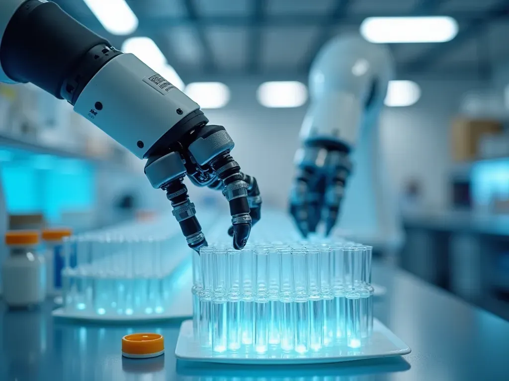 laboratory automation A modern laboratory with robotic arms handling transparent sample tubes under bright sterile lighting, emphasizing precision and automation in scientific research without any text or branding visible.