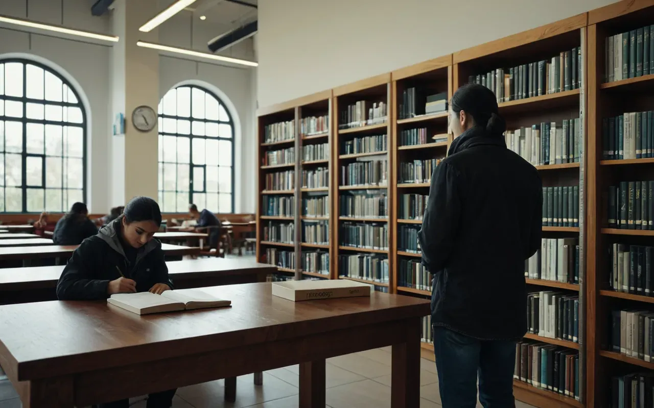 academic research environment A modern university library interior with shelves of scientific books and a person studying at a wooden table under soft natural light from large windows.