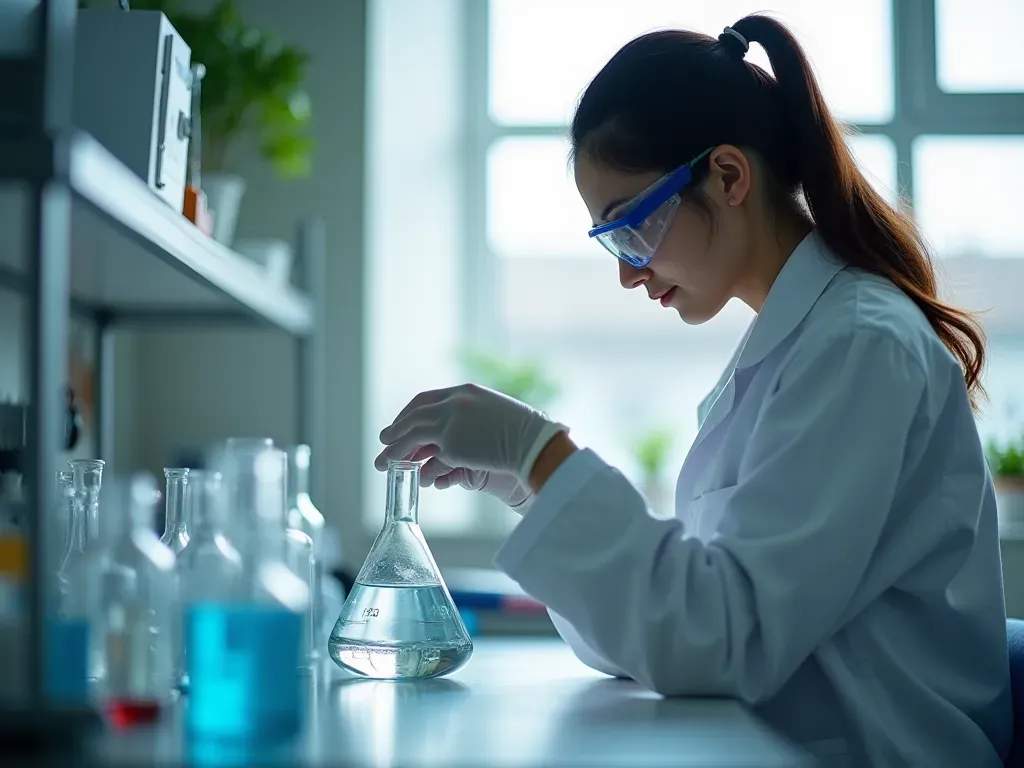 water-based chemistry A researcher in a white lab coat carefully observing a reaction in a glass flask filled with clear water, illuminated by soft natural light streaming through a large window in a contemporary research facility.