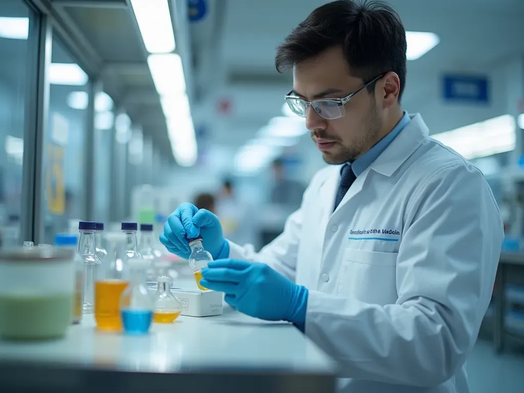 organic chemistry A scientist in a white lab coat examining glass vials on a clean stainless steel bench with bright clinical lighting and no visible labels.