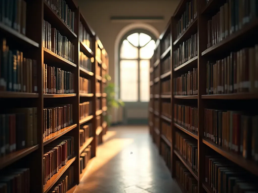 academic literature archive A serene library interior with rows of bookshelves filled with academic journals leading towards a bright window where sunlight illuminates dust particles in the air evoking deep thought and knowledge preservation themes
