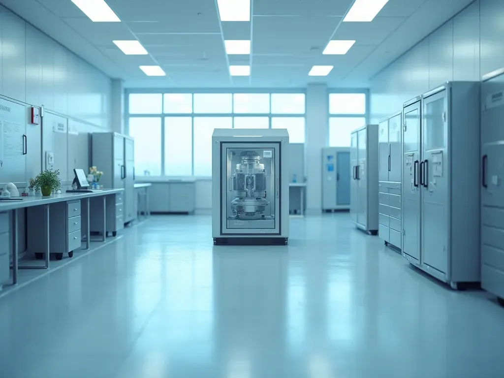 medical reactor lab scene A sterile white laboratory with a large cylindrical machine in the center, soft blue lighting illuminating glass panels and stainless steel surfaces, no people visible.