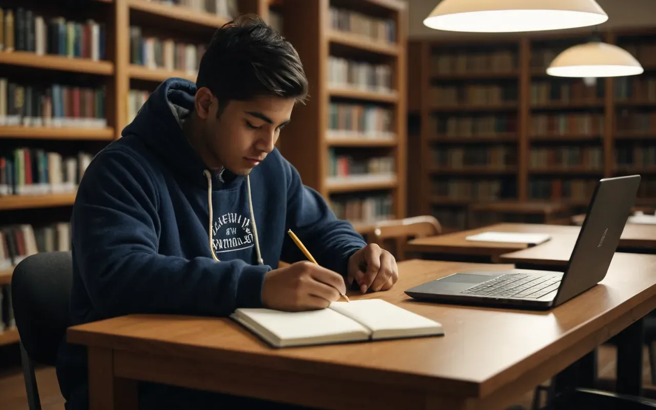 outdated teaching methods A student sitting at a desk with an open notebook and a laptop in a quiet library setting. The lighting is warm and focused on the person's hands writing notes while looking at the screen.