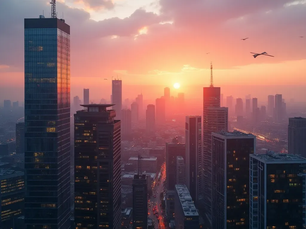 future of science outlook positive A sunrise over a modern city skyline with glass buildings reflecting orange and pink hues in the sky suggesting new beginnings optimism and fresh perspectives for future developments visually striking image