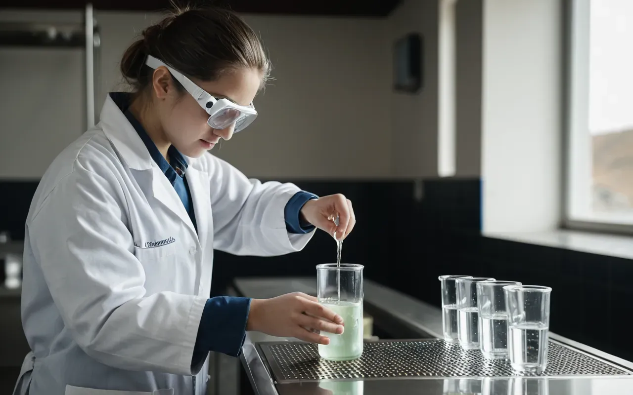 laboratory research A young person wearing safety goggles and a white lab coat stands at a stainless steel bench. They are carefully pouring a clear liquid from a small beaker into a test tube rack under bright, cool laboratory lighting.