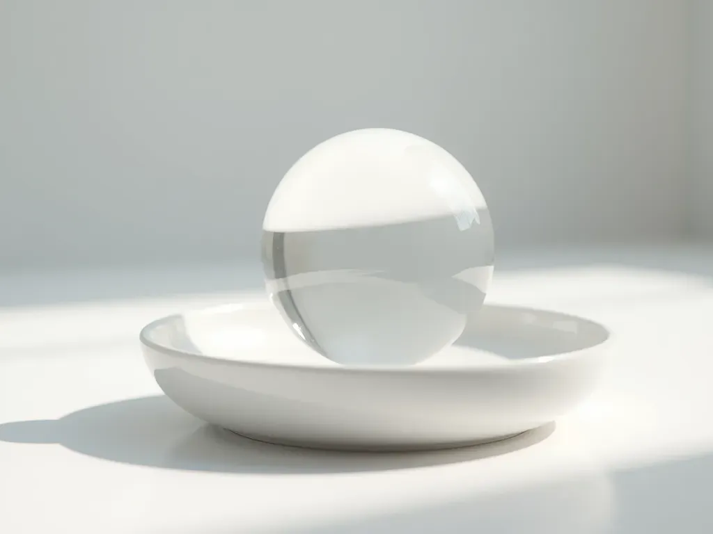 Clean editorial still life of a transparent polymer hydrogel sphere resting on a white ceramic surface, soft shadow, macro photography, neutral tones