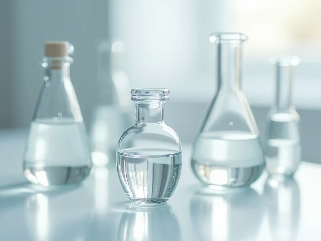 laboratory equipment display Clean editorial still life of glass laboratory equipment on a white surface with soft diffused lighting and neutral tones, professional photography style