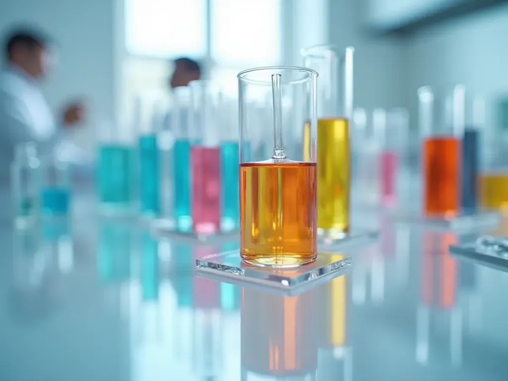 Close-up of a glass chromatography column with colorful separated liquid bands on a clean white laboratory bench, bright diffused overhead lighting, macro lens focus