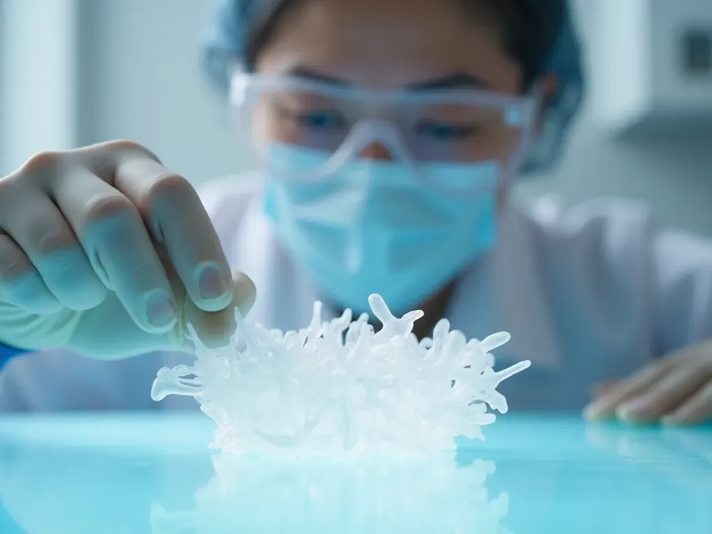 polymer scaffold research Close-up of a researcher examining a translucent polymer scaffold structure on a clean white benchtop, highlighting material science and health applications with natural lighting and no visible text.