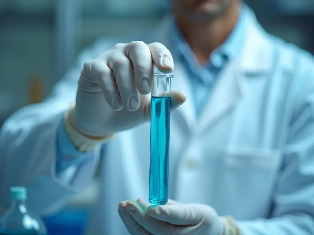 Close-up of a researcher's hands holding a test tube with a clear blue liquid, wearing white gloves, blurred modern laboratory background, professional lighting