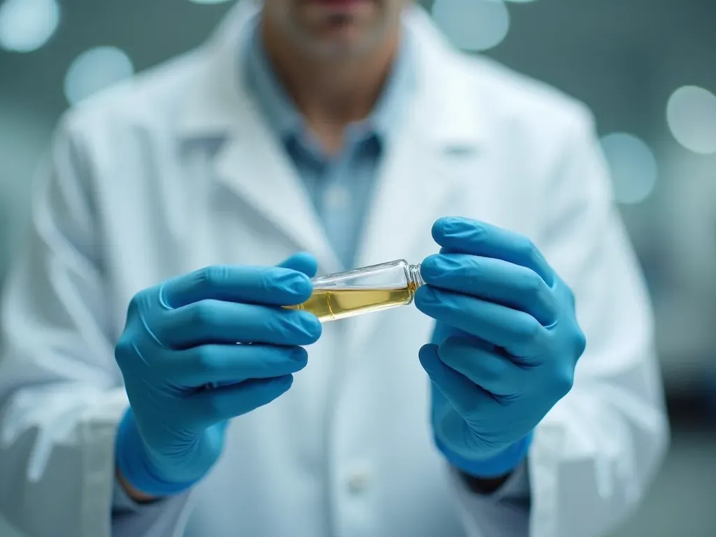 vial inspection Close-up of hands holding a glass vial with amber liquid in a bright modern lab, shallow depth of field, neutral tones, editorial photography style