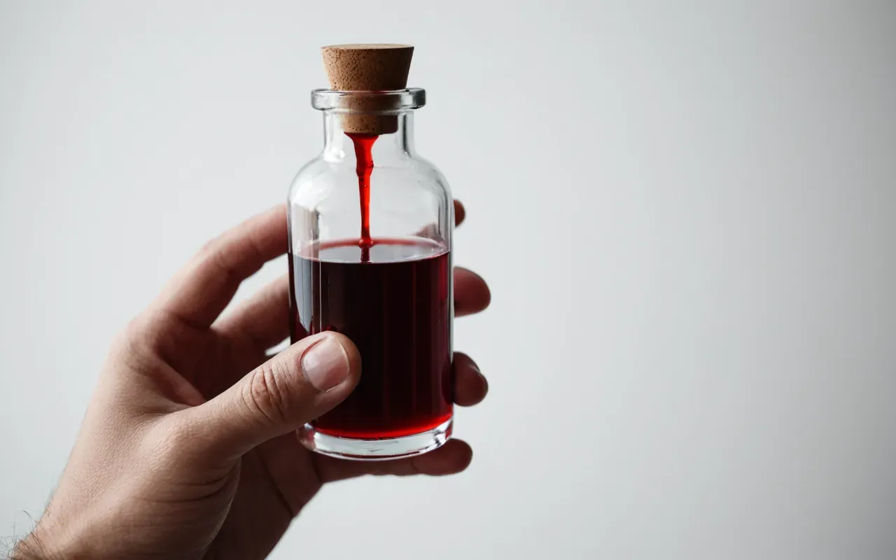 Close up of hands holding a glass vial containing red liquid against a blurred white background with soft shadowing