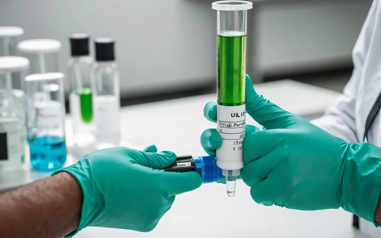 test tube analysis Close-up of hands in nitrile gloves holding a test tube with green liquid against a clean white laboratory background, shallow depth of field