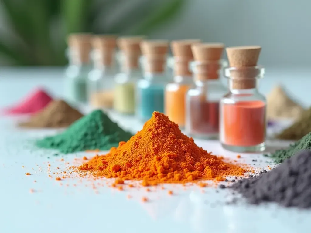 Close-up shot of various colorful chemical powders in small glass vials arranged neatly on a white surface with soft diffused lighting highlighting texture and purity without labels or text visible