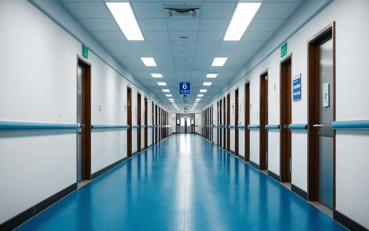 Empty hospital corridor with blue floors and white walls extending into the distance under bright fluorescent lighting