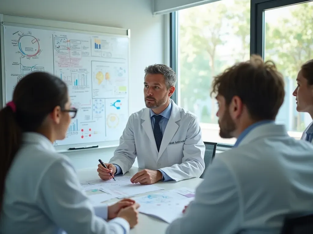 Group of diverse scientists collaborating around a whiteboard covered in complex diagrams and notes under natural daylight representing teamwork in scientific research without any readable text on board