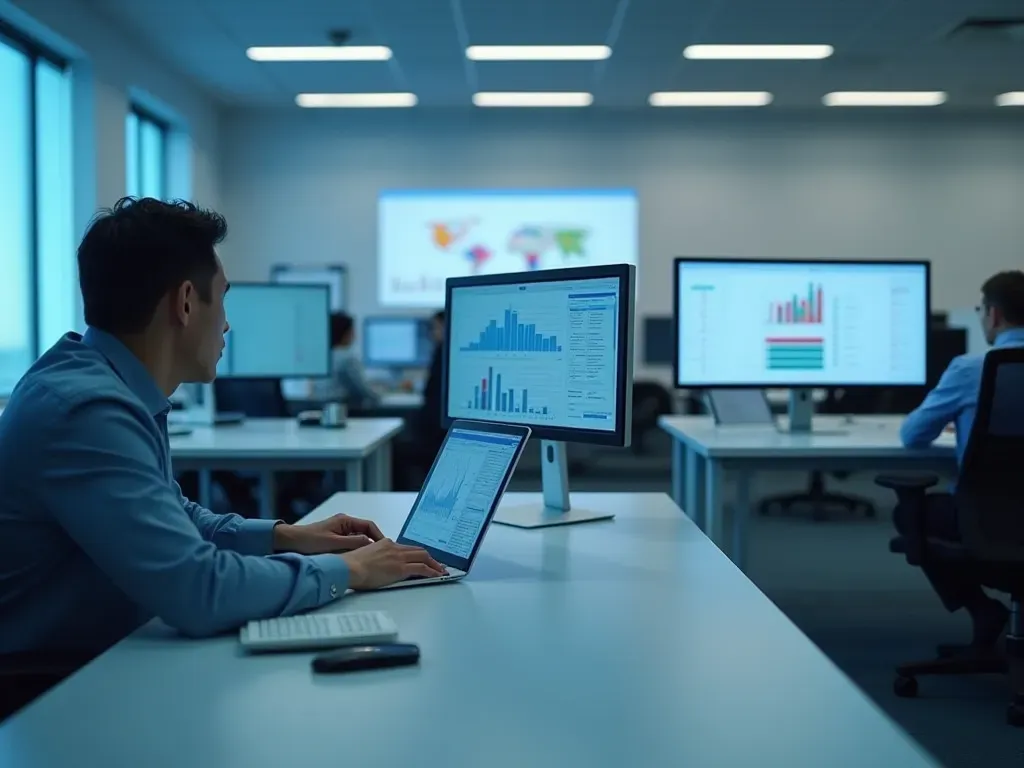 research data analysis Interior of a contemporary research office with white desks and computer monitors showing graphs, soft ambient lighting, neutral color palette, editorial photography