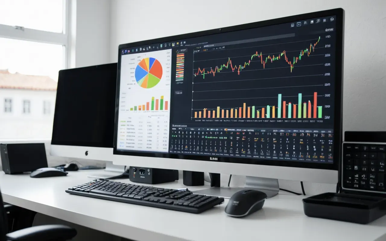Modern computer monitor displaying colorful bar charts and data graphs on a clean white desk with keyboard in foreground