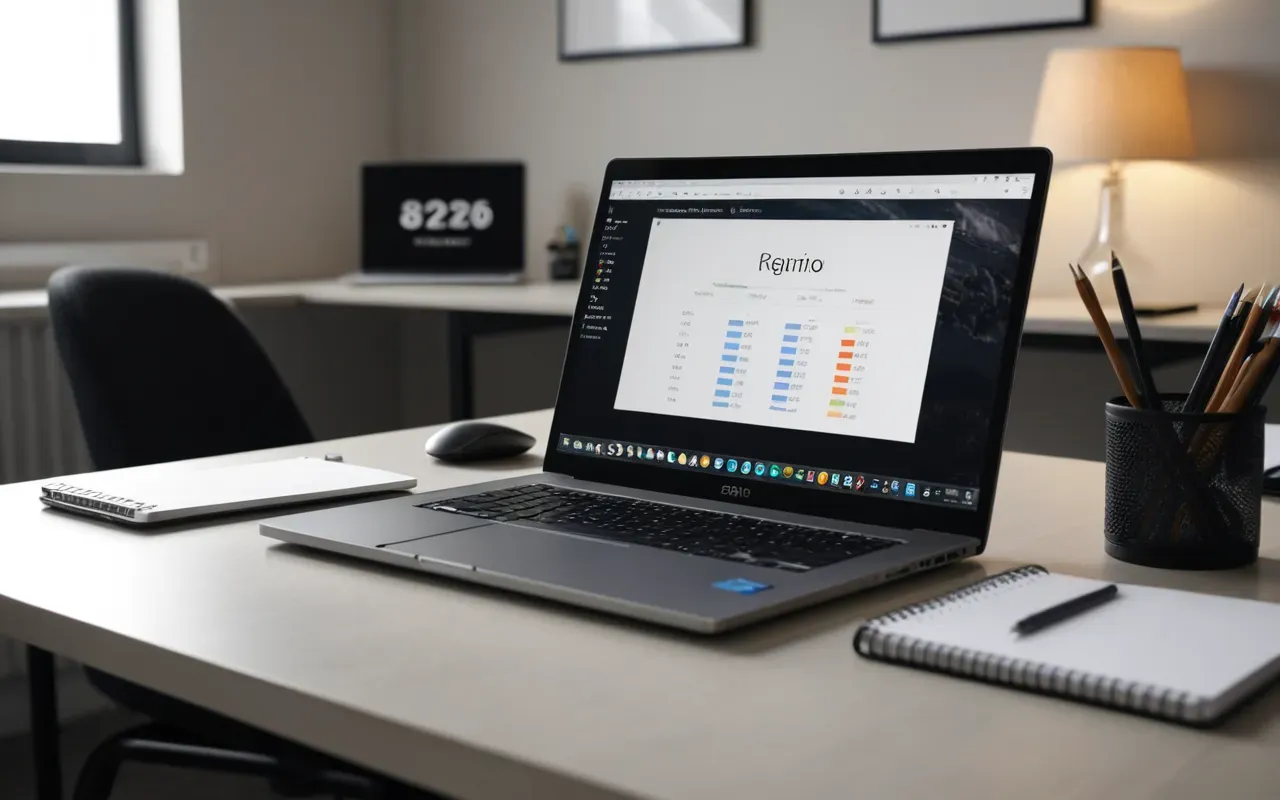 data analysis workspace Modern minimalist office desk with a laptop showing data charts and a notebook open beside it under soft diffused lighting, editorial photography