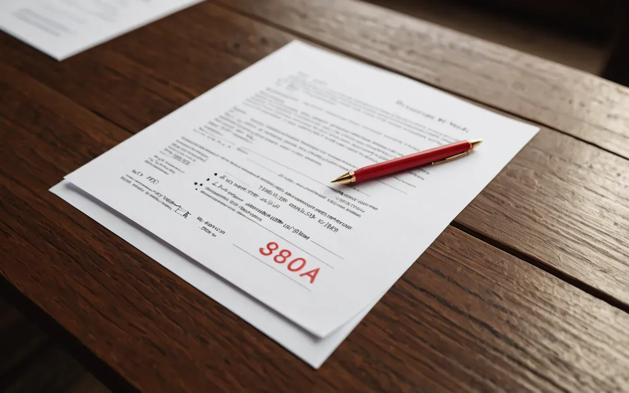 Stack of white paper documents on a wooden desk with a red pen resting diagonally across the top page under warm light