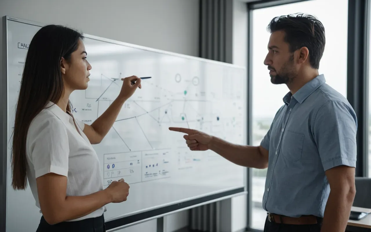 research mentorship Two individuals stand in a modern office space with large windows letting in natural daylight. One person gestures toward a whiteboard covered in complex diagrams while the other takes notes on a tablet, both wearing casual professional attire.