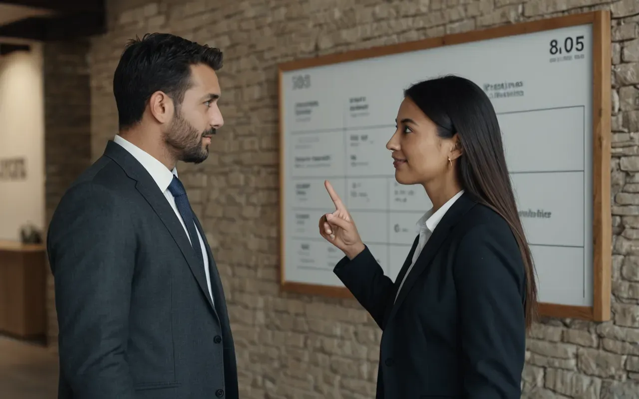 collaborative discussion scene Two people in casual business attire standing near a wall display discussing with hand gestures and soft indoor lighting creating a collaborative atmosphere