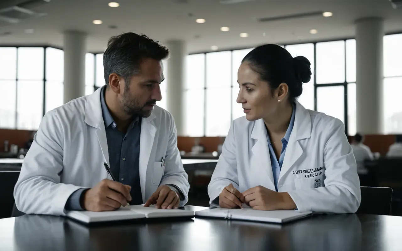 Two people in white lab coats discussing notes at a modern table with coffee cups and open notebooks nearby under soft light