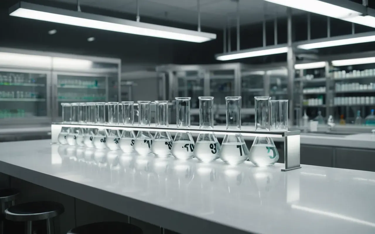 Wide shot of a modern laboratory interior with white countertops and glass beakers filled with clear liquids under bright artificial lighting