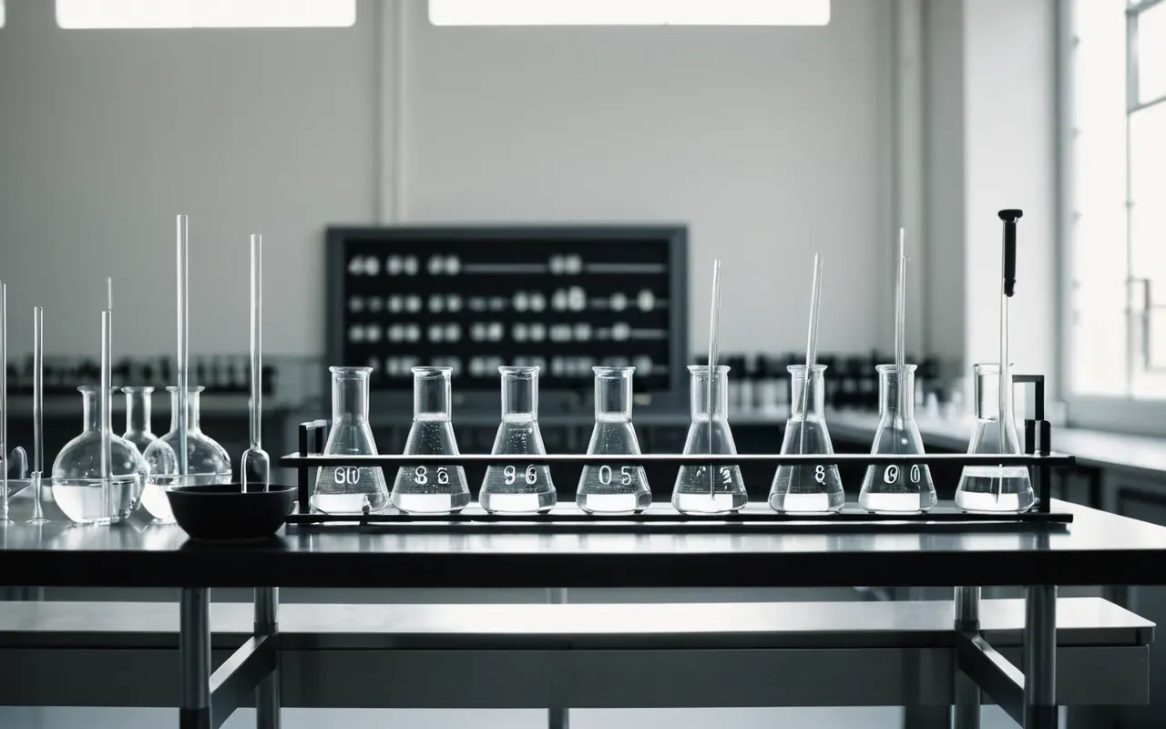 laboratory setup Wide shot of a modern minimalist laboratory bench with glass beakers and pipettes arranged neatly under soft natural daylight, editorial photography style