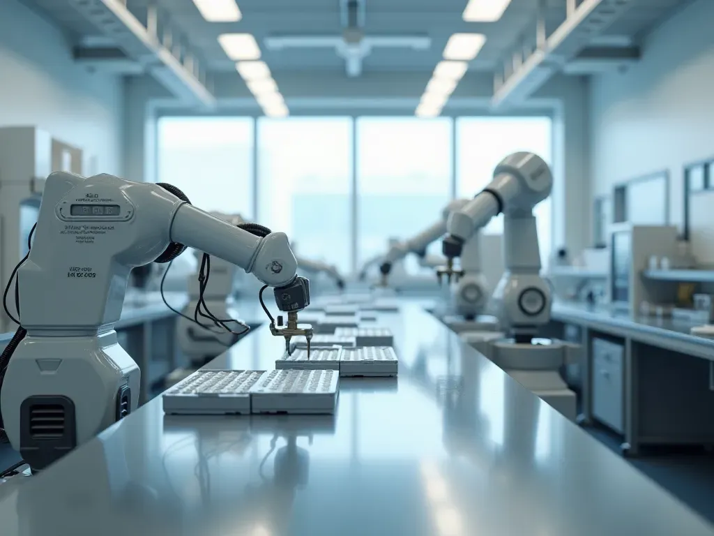 Wide shot of a modern minimalist laboratory interior with stainless steel workbenches, robotic arms handling microplates, soft natural daylight from large windows