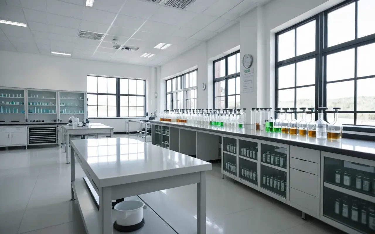 laboratory safety standards A bright and airy research laboratory with large windows letting in natural sunlight, rows of white lab benches with glass beakers and test tubes, a researcher in the distance looking at results on a clipboard.