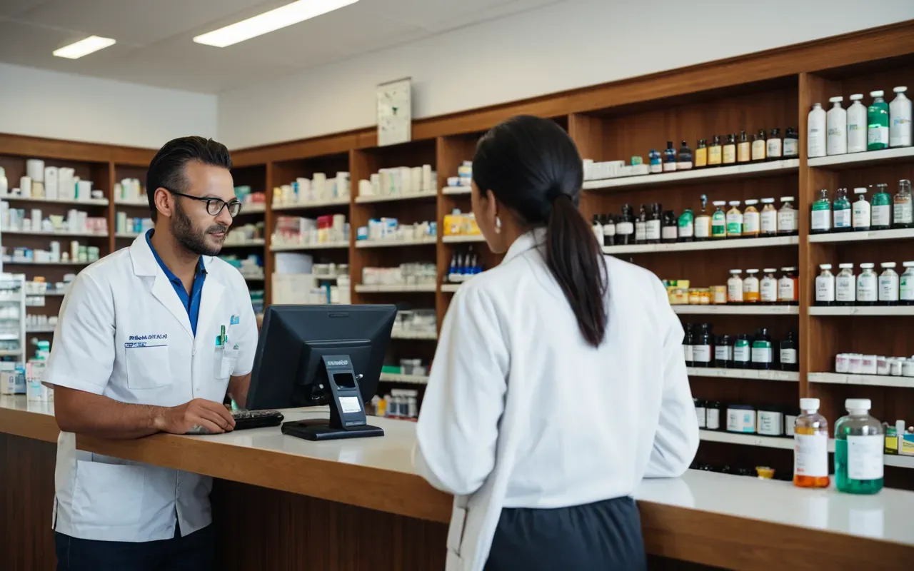 pharmacy health services A bright modern pharmacy interior with a pharmacist interacting with a patient at the counter. Shelves of colorful medicine bottles are visible in the background. Soft natural lighting from large windows.