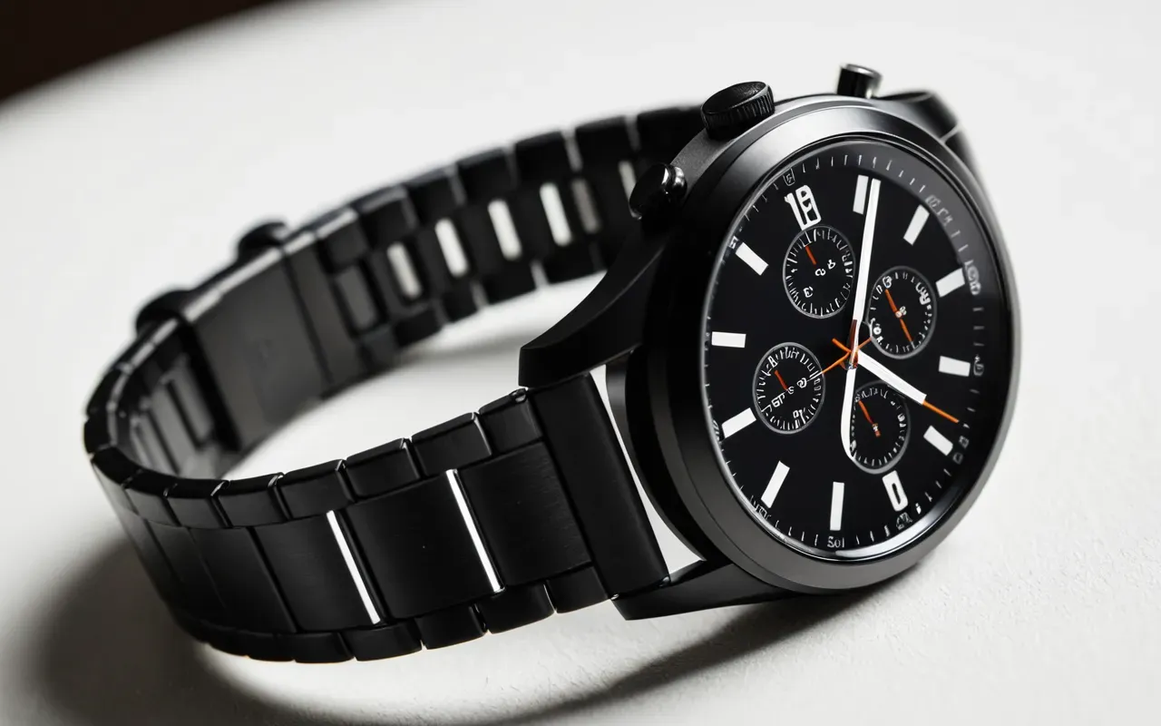 metal fitness tracker A close-up macro shot of a sleek matte black metal smartwatch band resting on a white ceramic surface with soft natural lighting highlighting the brushed texture and industrial design.