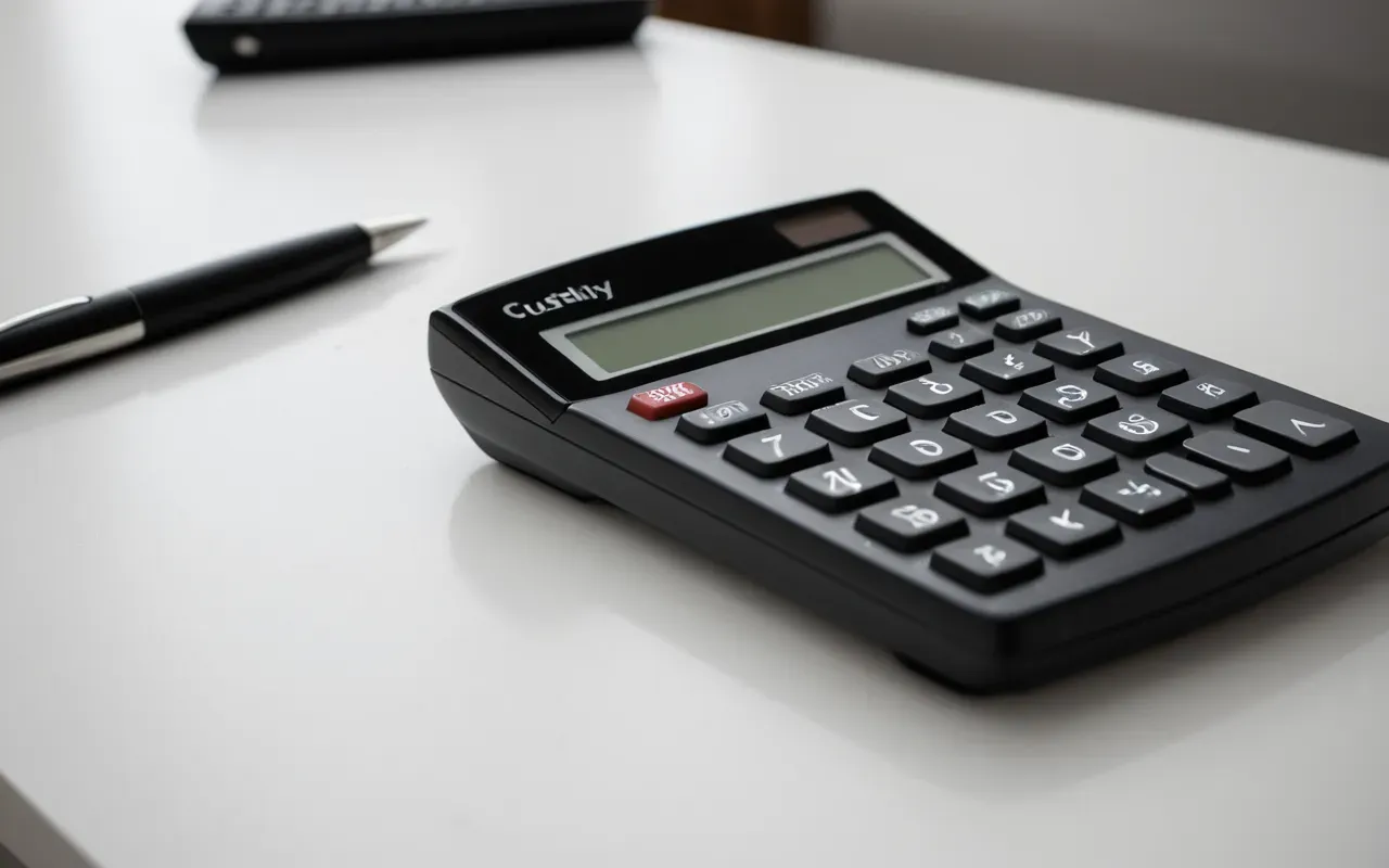 financial calculation tools A close up of a calculator showing zero on its screen. A pen rests beside it on a clean white desk surface.