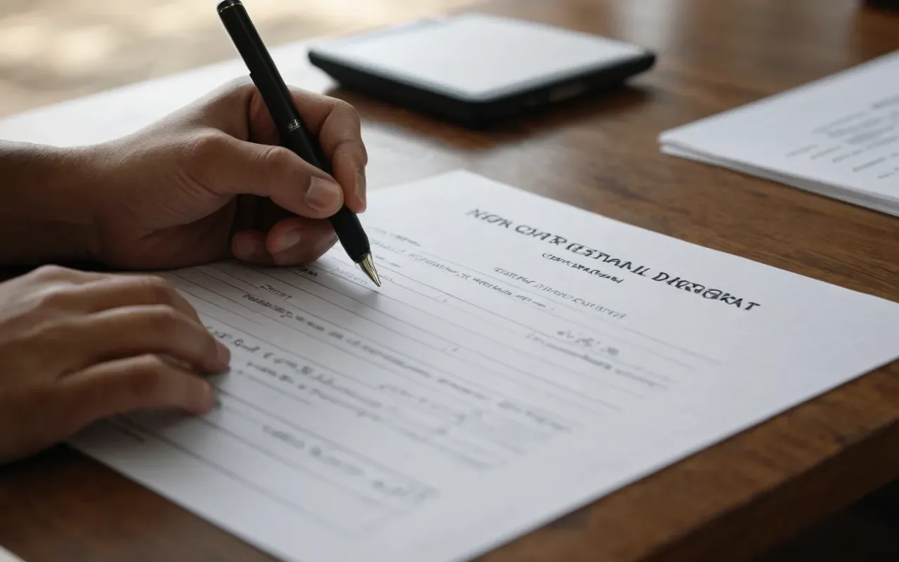 reviewing official documents A close up of a hand holding a pen over a printed document on a wooden desk with soft morning light and blurred background papers.