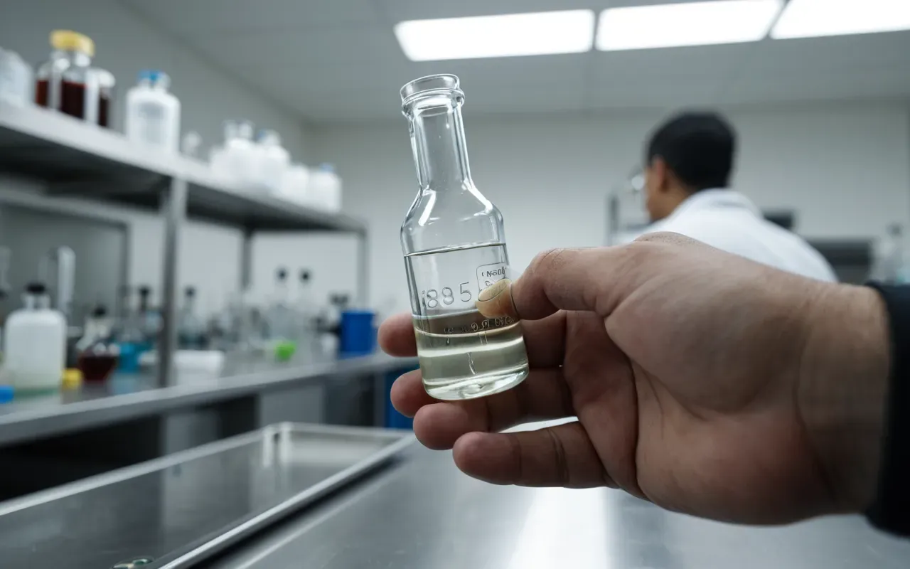 laboratory sample inspection A close up of a hand holding a small glass vial with clear liquid inside. The background is blurred showing a bright laboratory environment with stainless steel equipment. The focus is sharp on the vial and fingers.