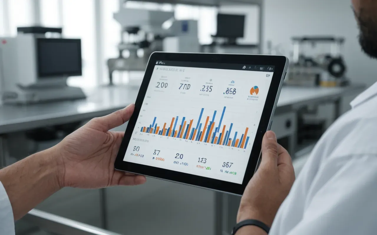 data visualization lab A close-up of a researcher's hands holding a tablet displaying complex data graphs in a modern laboratory with soft natural light and blurred background equipment.