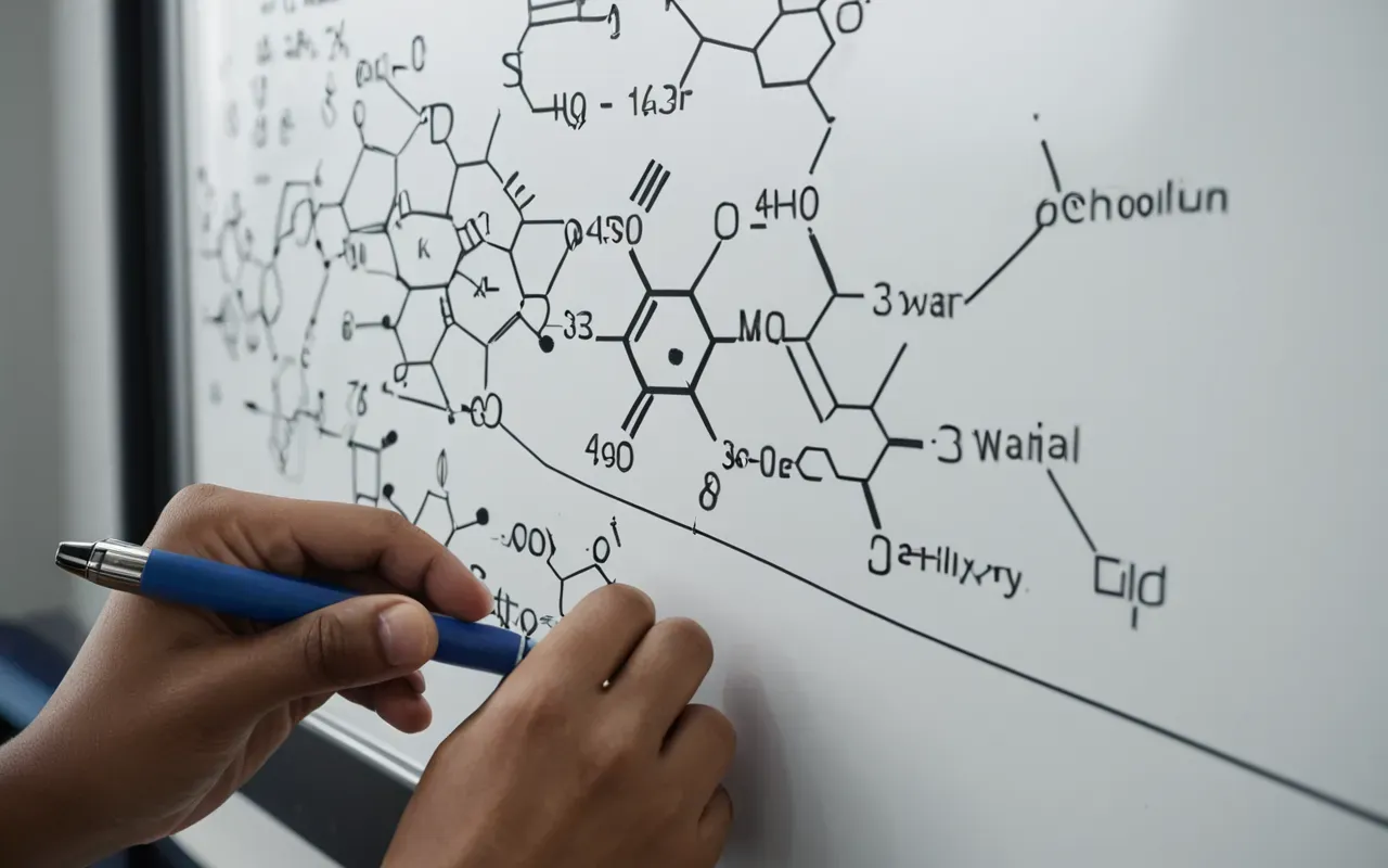 chemical structure drawing A close up of a student hand holding a pen writing complex chemical structures on a whiteboard with soft natural light