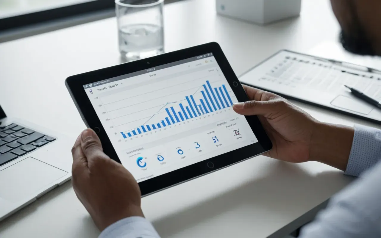 data analysis in lab A close up of hands holding a tablet showing data graphs next to a glass vial containing clear liquid. The setting is a bright modern office with natural light coming from a large window in the background.