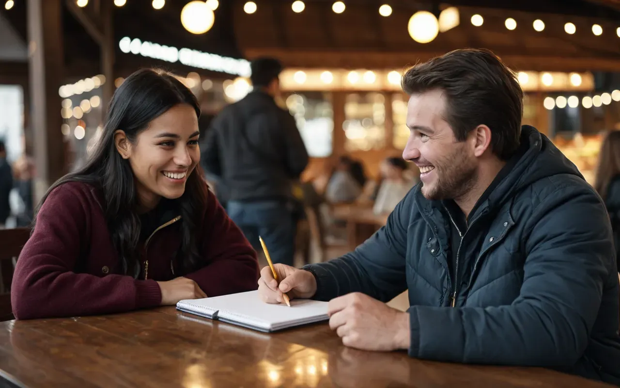 community health workers A close-up of two people talking over a table in a casual setting. One person is smiling and holding a notebook. The background is blurred with soft bokeh lights.