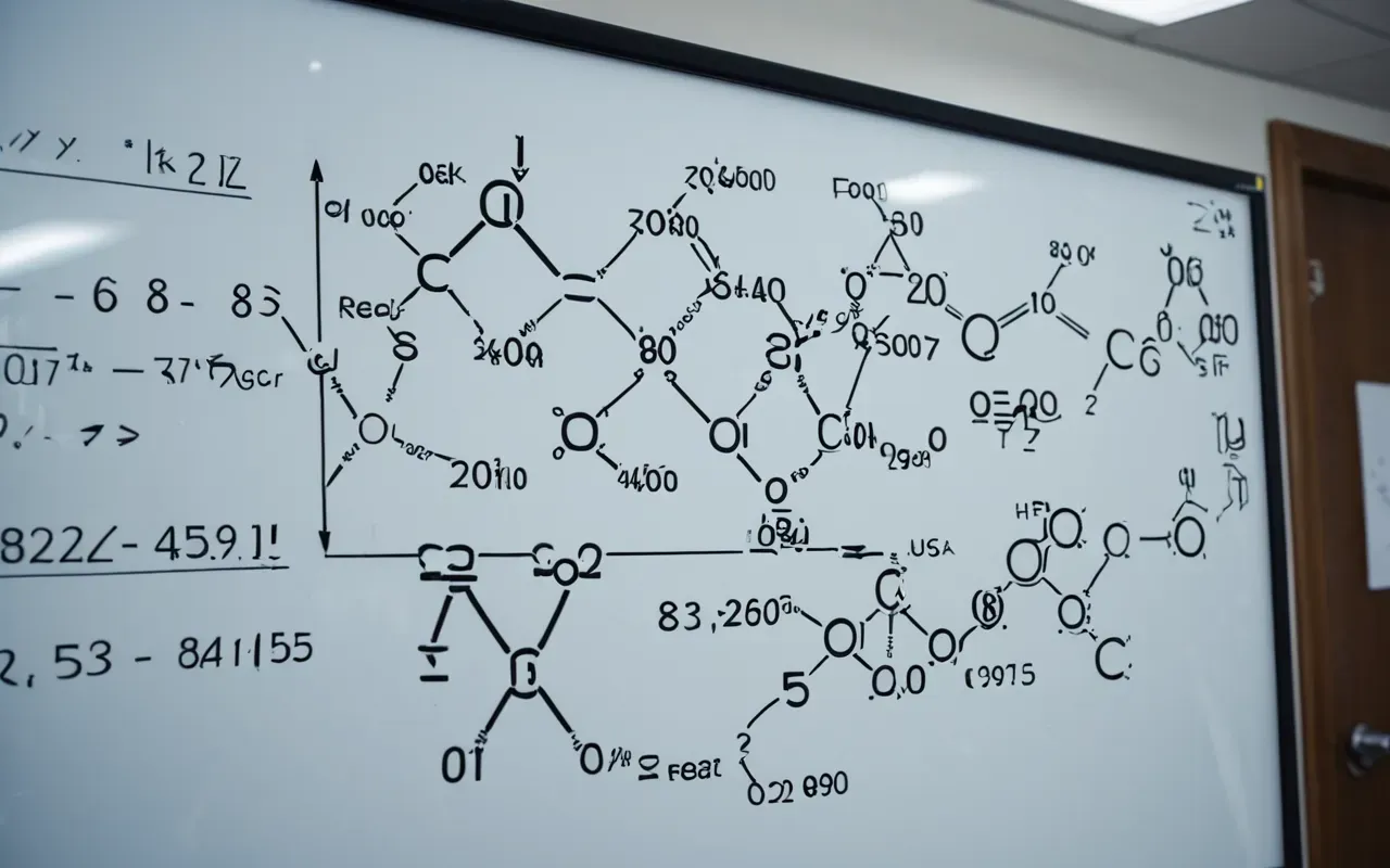 chemistry whiteboard diagram A close up shot of a whiteboard filled with complex chemical structures and bond lines in dry erase marker. The lighting is cool blue from overhead fluorescent lights. A hand holds a red marker near the center of the board.
