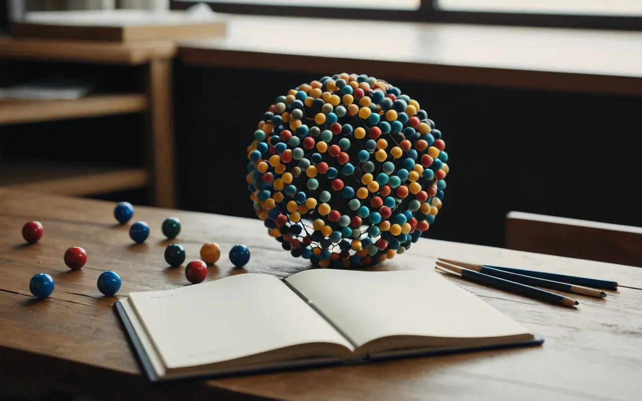 A close-up view of a complex molecular model made of colored balls and sticks sitting on a wooden laboratory bench next to an open notebook with blank pages and a pen nearby.