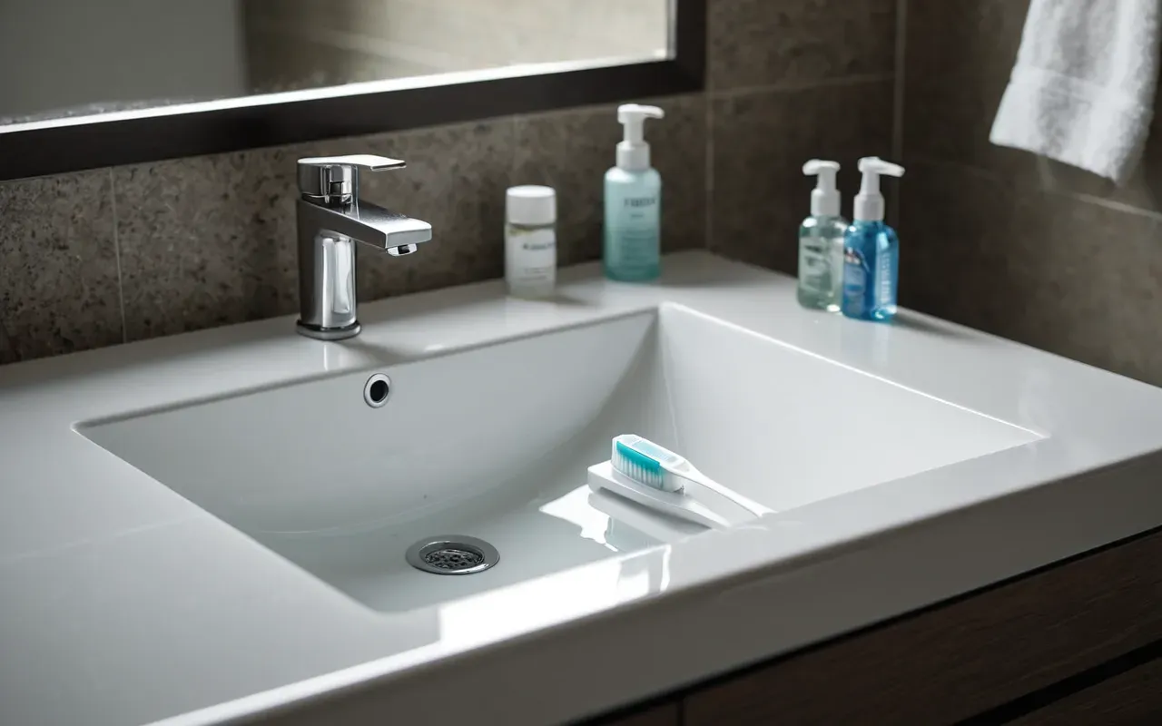 oral hygiene routine visual A close-up view of a modern bathroom sink with a white electric toothbrush resting on the counter next to a glass of clear water and a tube of toothpaste under soft morning light.