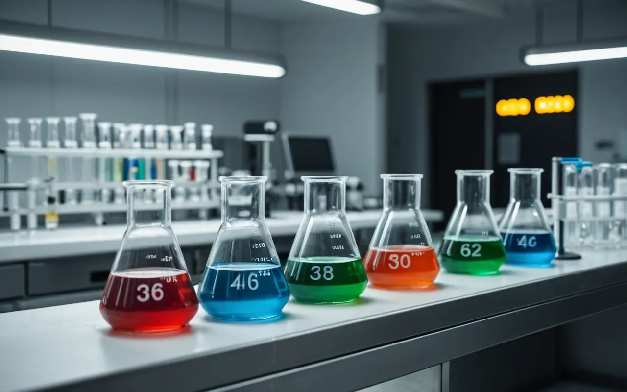 laboratory experiment setup A close-up view of a modern laboratory bench with glass beakers and test tubes containing colorful liquids under soft white lighting. The focus is on the precise arrangement of scientific equipment in a clean, sterile environment.